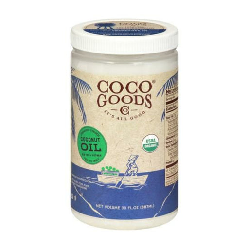 Jar of Coco Goods Organic Raw Coconut Oil, 30 oz, showcasing the natural, unrefined texture and the organic label.