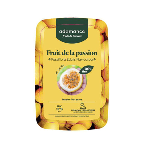 ADAMANCE Passion Fruit Puree in a 2.2 lb tub, showcasing the rich, golden texture and the seeds characteristic of high-quality passion fruit puree.