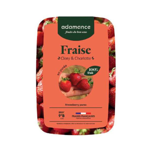 ADAMANCE Strawberry Puree in a 2.2 lb tub, showcasing its vibrant red color and smooth, pure texture.