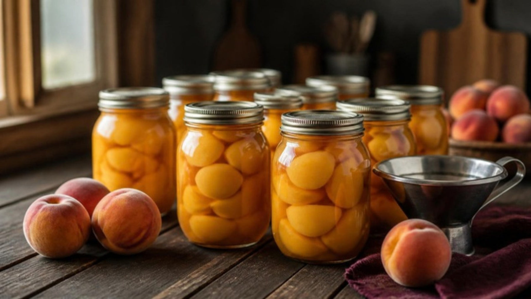 Jars of home-canned peach halves beside fresh peaches