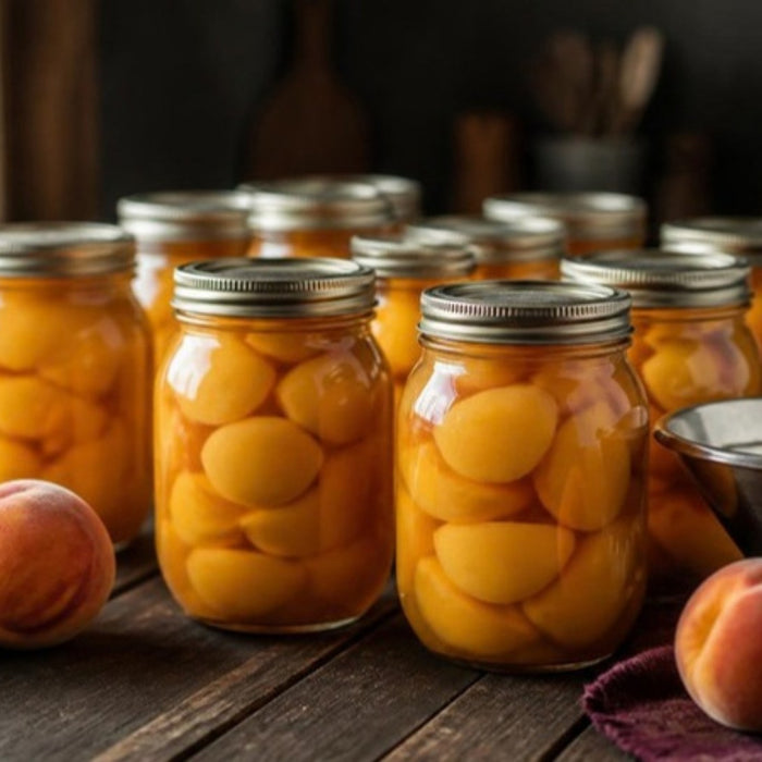 Jars of home-canned peach halves beside fresh peaches