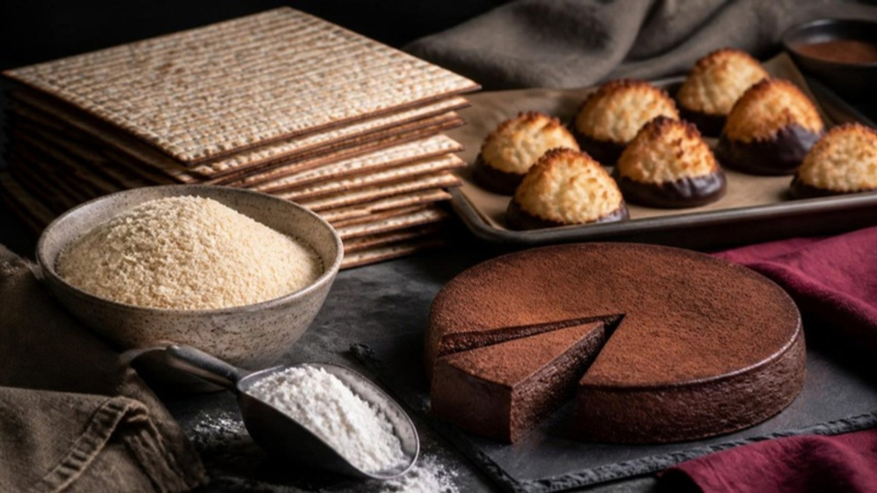 Passover baking table with matzo, almond flour, macaroons and flourless torte