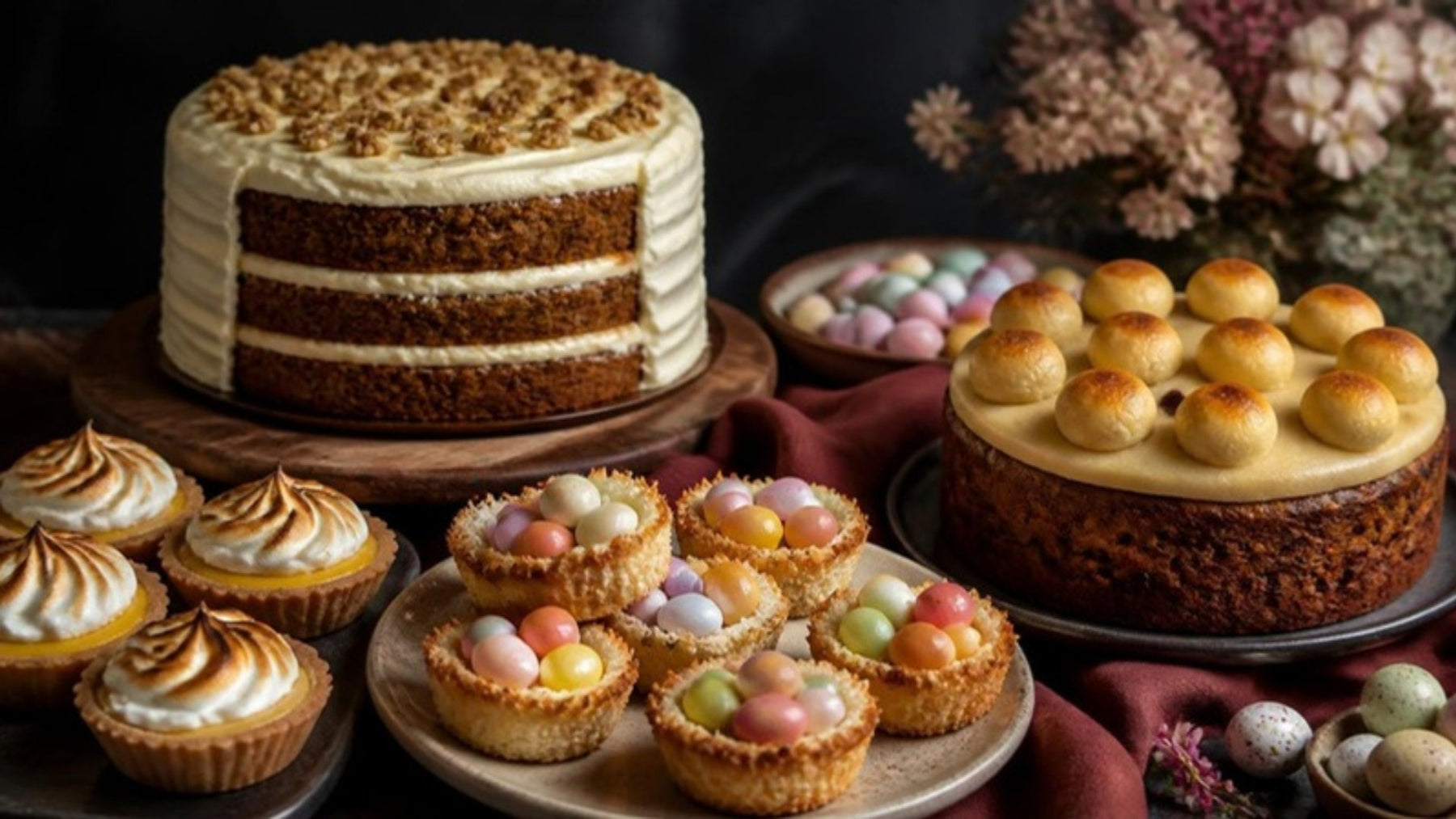 Easter bakery case with carrot cake, lemon tarts, coconut nests and simnel cake