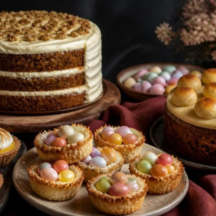 Easter bakery case with carrot cake, lemon tarts, coconut nests and simnel cake