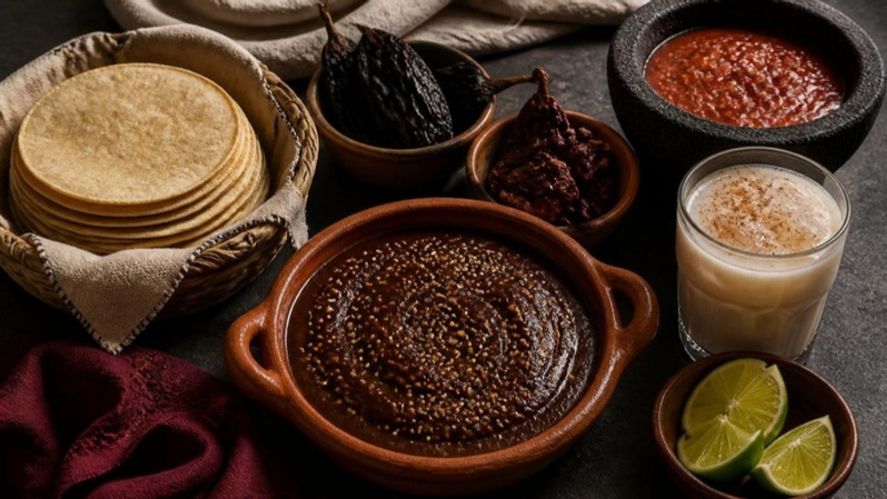 Mole poblano with corn tortillas, dried chiles and horchata