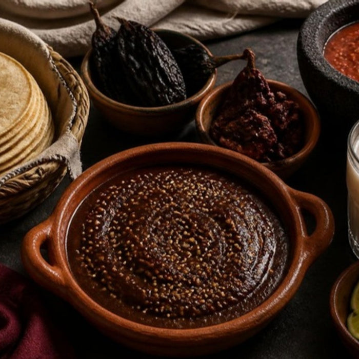 Mole poblano with corn tortillas, dried chiles and horchata