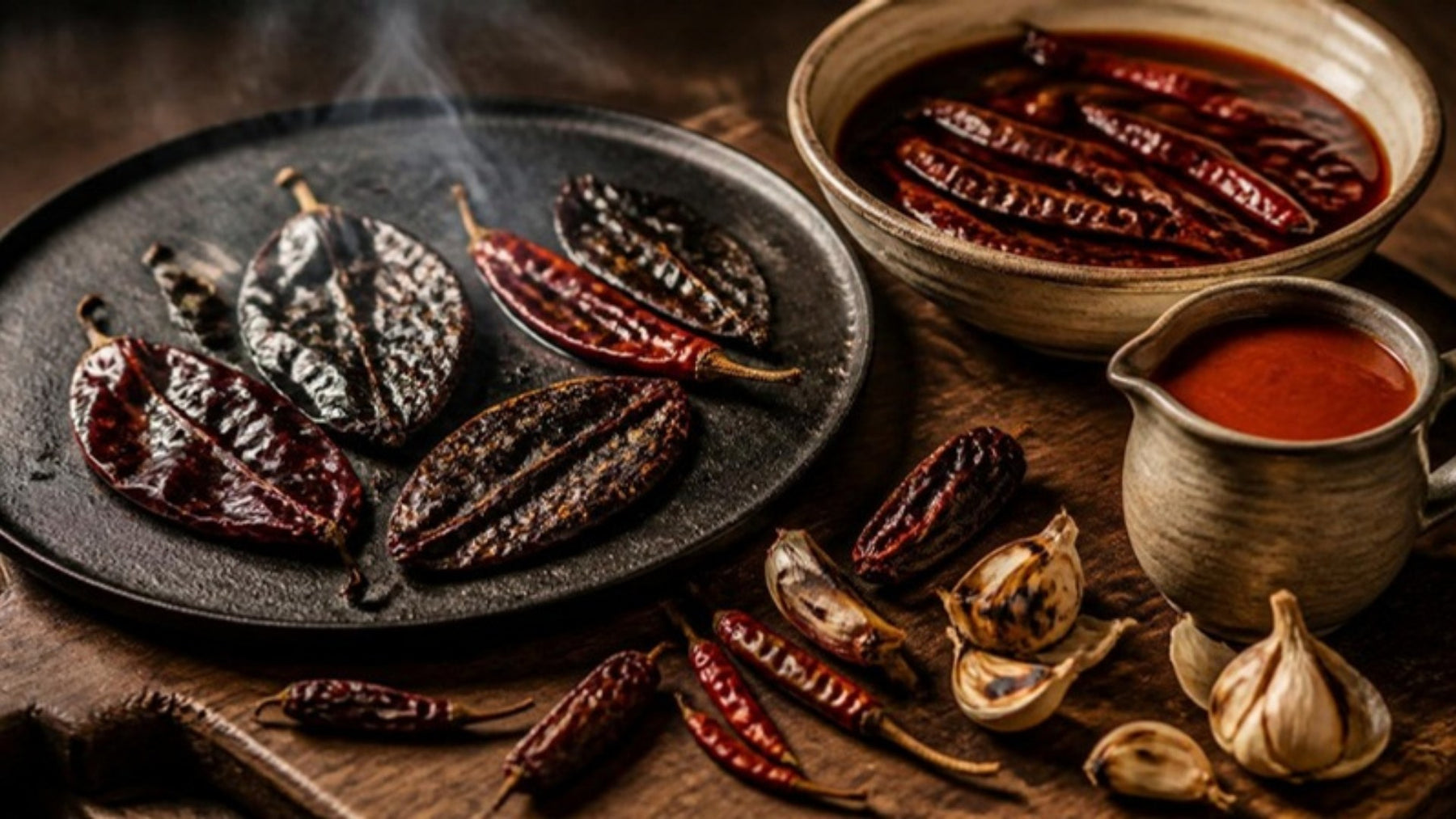 Dried ancho and guajillo chiles toasting on a cast-iron comal