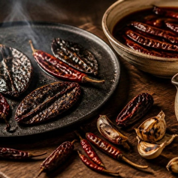 Dried ancho and guajillo chiles toasting on a cast-iron comal
