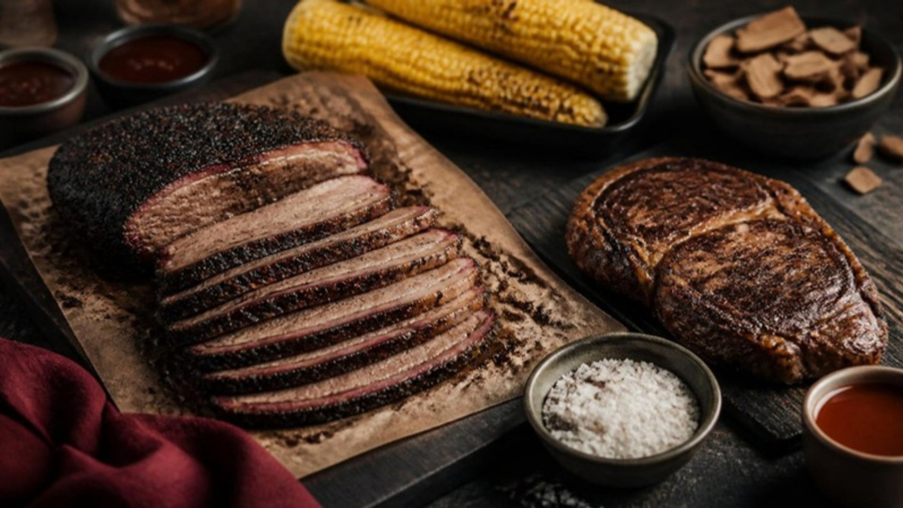 Father's Day barbecue spread with sliced brisket, ribeye and grilled corn