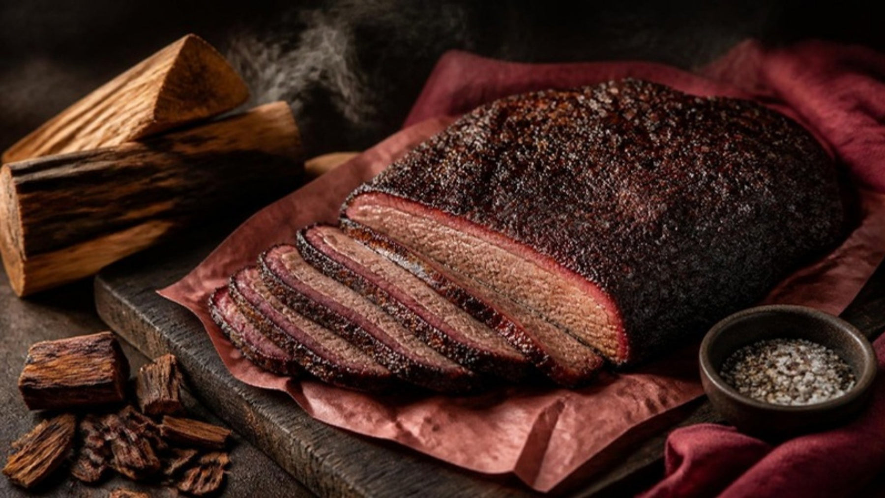 Smoked brisket on butcher paper with oak and cherry wood chunks