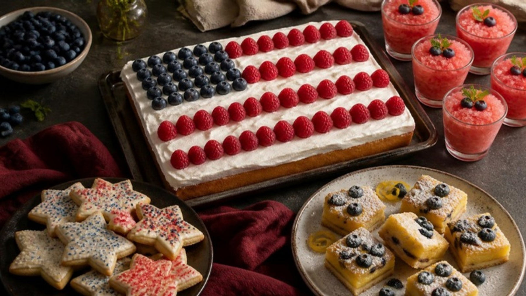 Berry sheet cake, blueberry lemon bars, star cookies and watermelon granita