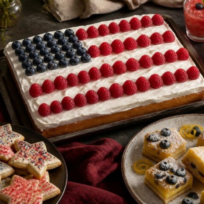 Berry sheet cake, blueberry lemon bars, star cookies and watermelon granita