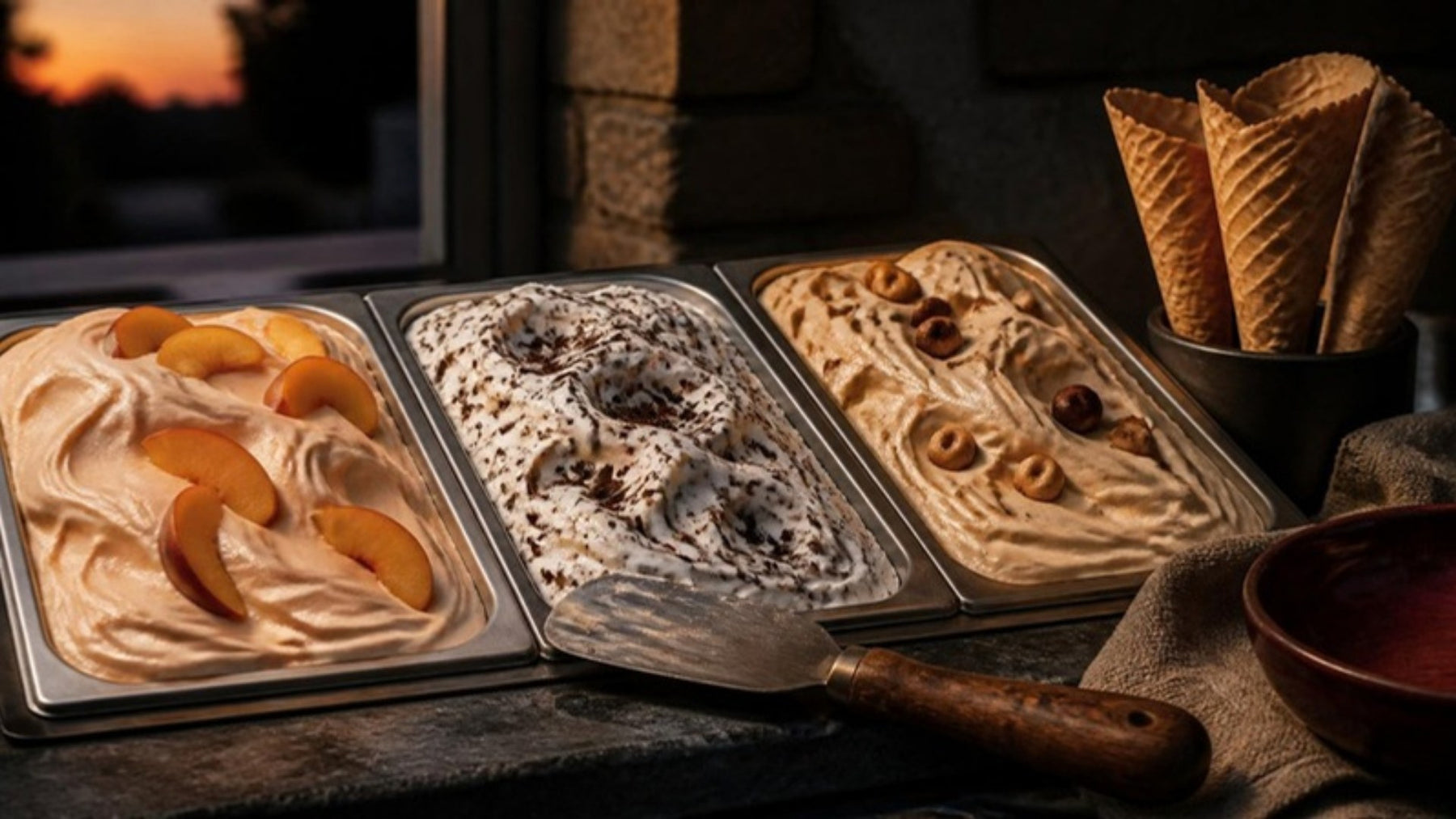 Gelato pans of peach, stracciatella and hazelnut with waffle cones