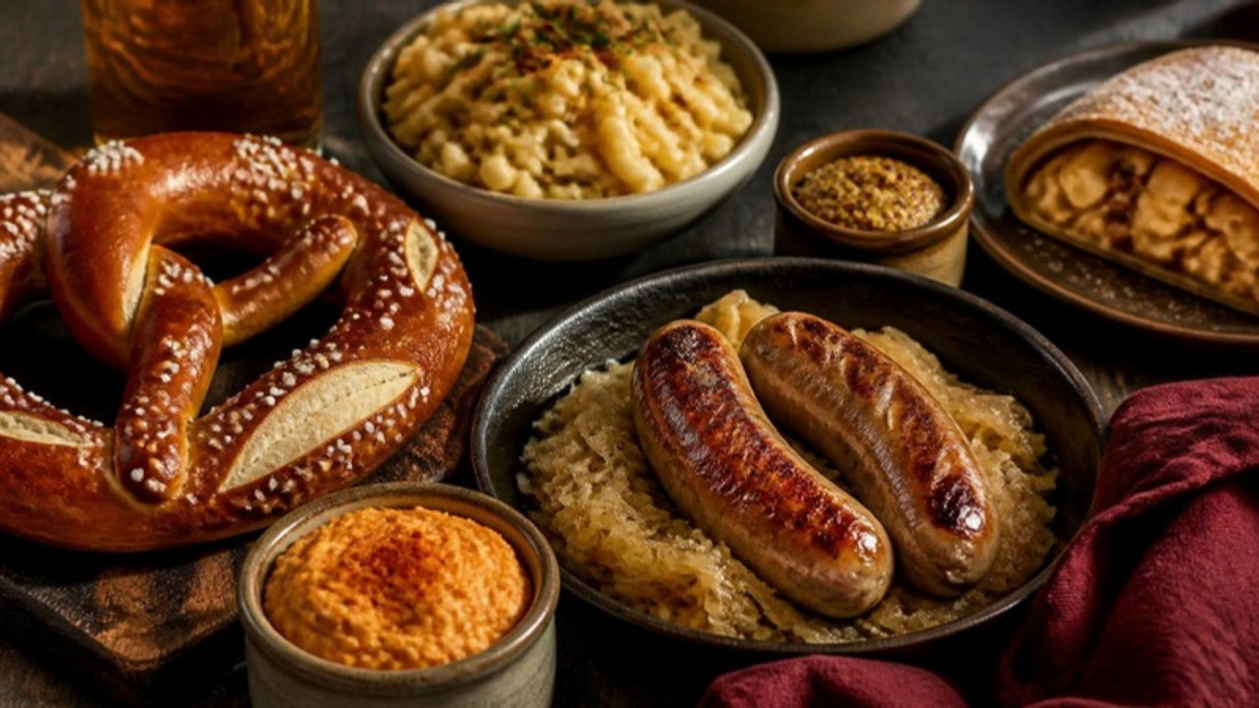 Oktoberfest spread with soft pretzel, bratwurst, sauerkraut and Obatzda
