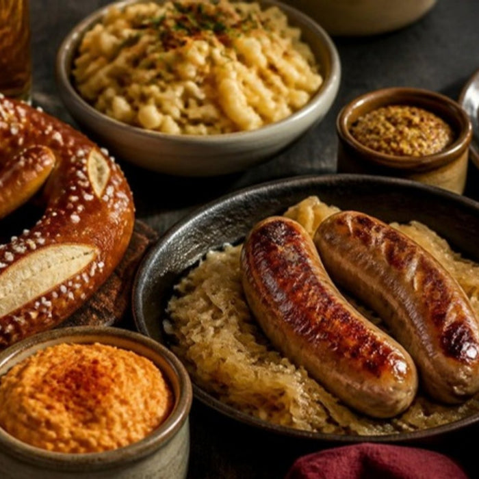 Oktoberfest spread with soft pretzel, bratwurst, sauerkraut and Obatzda