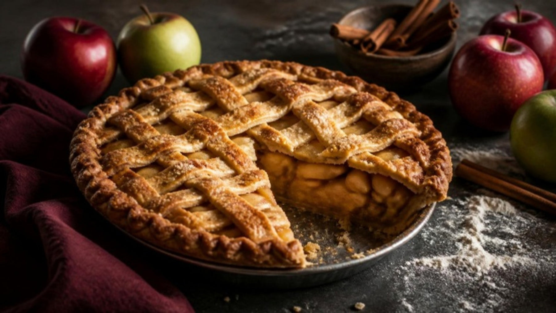 Lattice-top apple pie with a slice removed showing firm apple slices