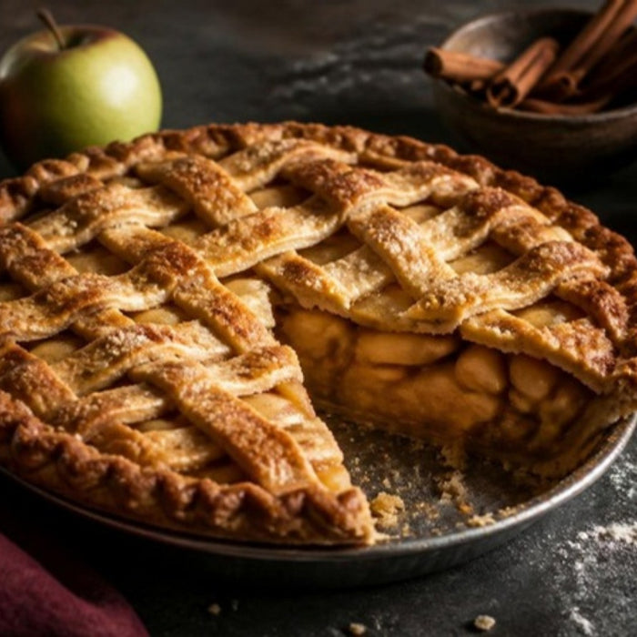 Lattice-top apple pie with a slice removed showing firm apple slices
