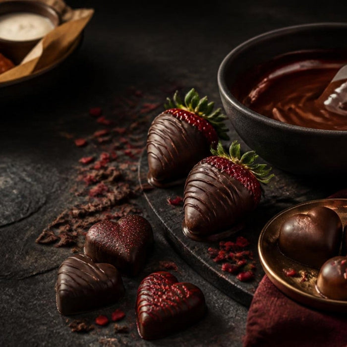 Chocolate covered strawberries and chocolate hearts