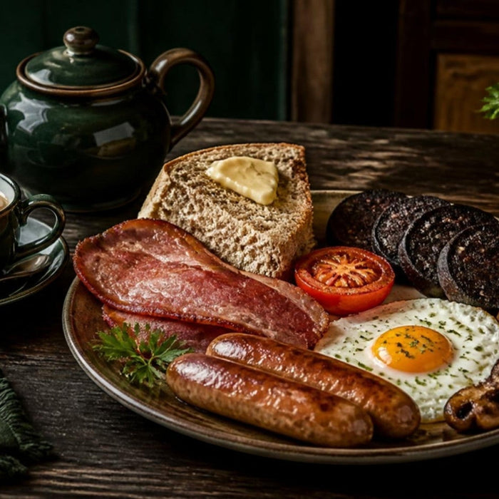Full Irish breakfast with rashers, bangers, black pudding and eggs