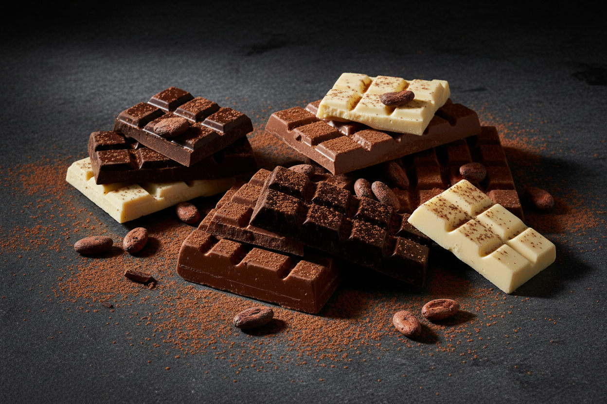 Assorted couverture chocolate in dark, milk and white