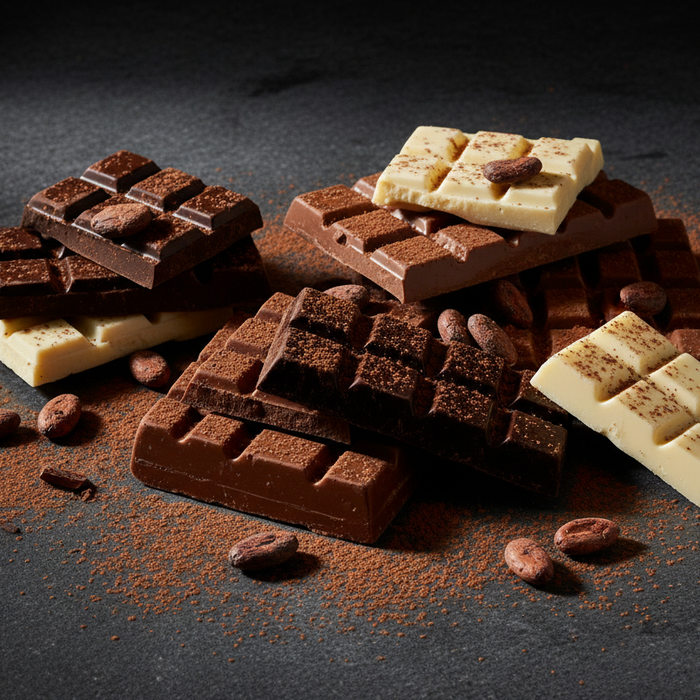 Assorted couverture chocolate in dark, milk and white