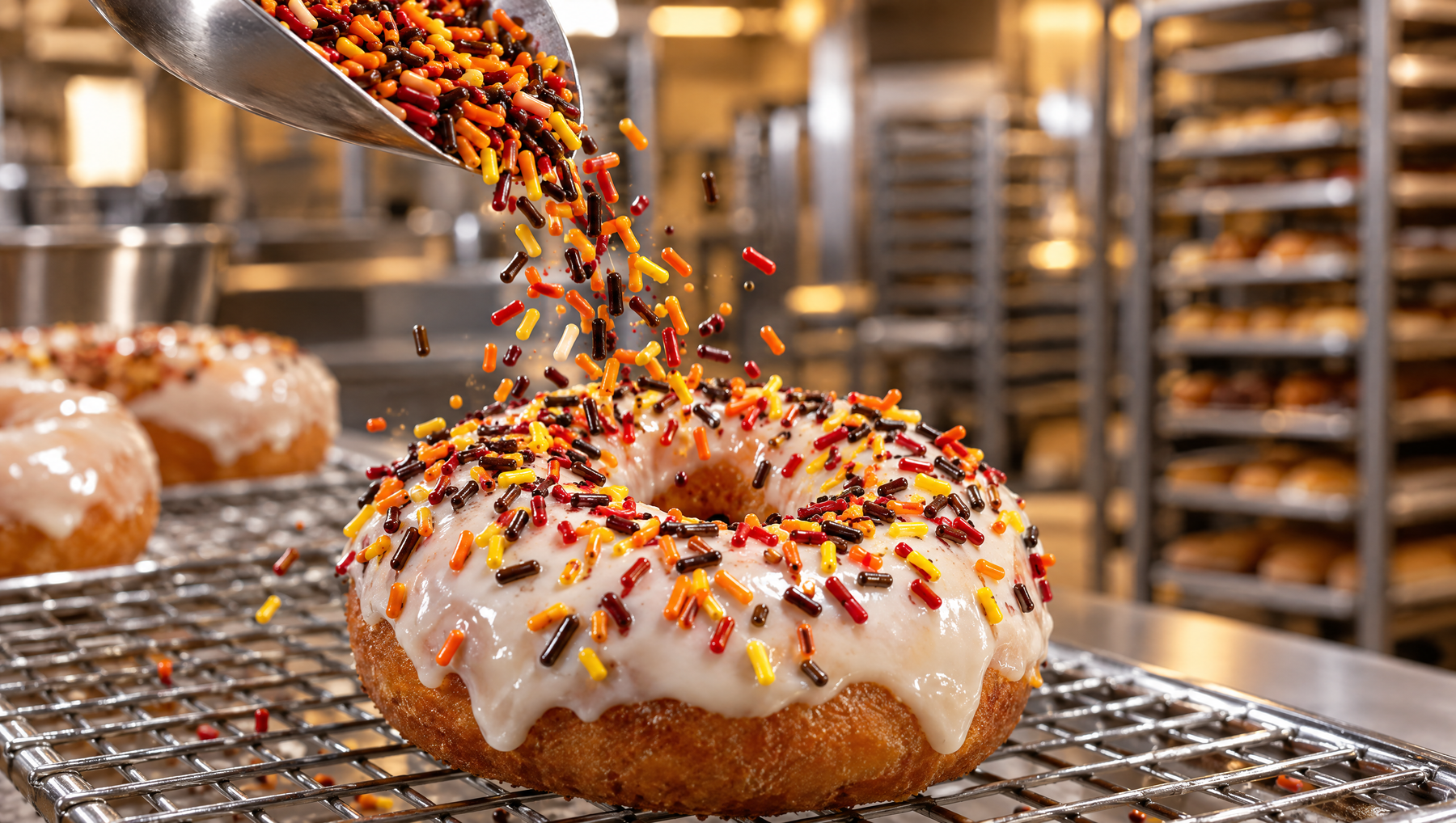 Fall jimmies pouring onto a glazed apple cider donut