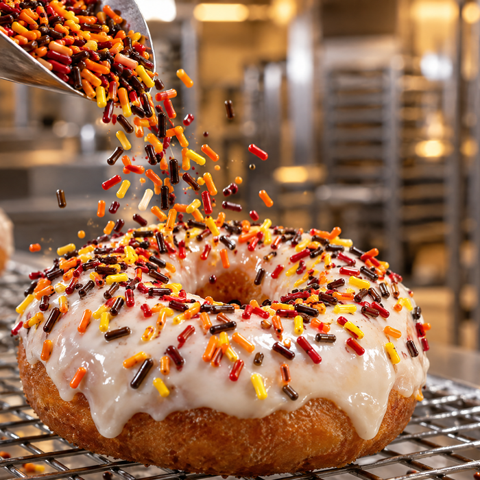 Fall jimmies pouring onto a glazed apple cider donut