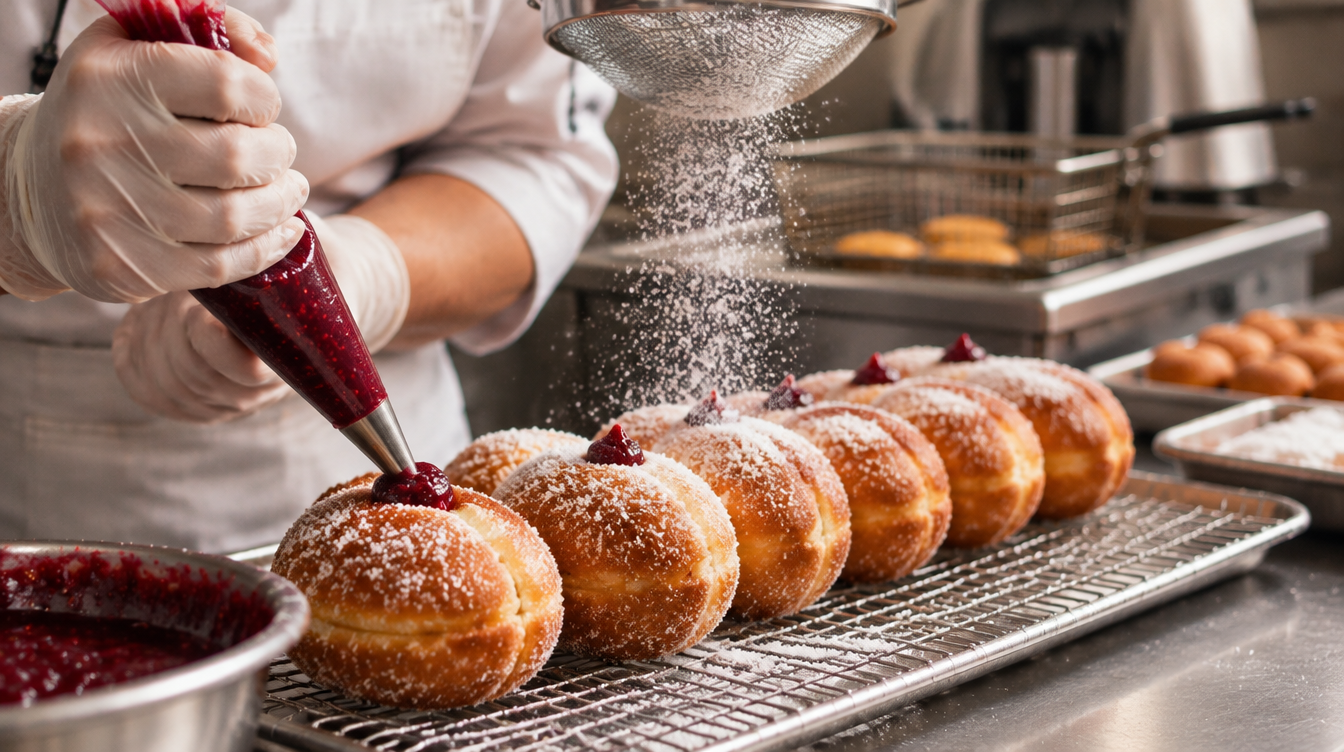Piping raspberry filling into fried sufganiyot on a cooling rack in a bakery