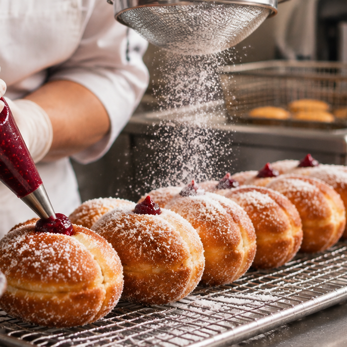 Piping raspberry filling into fried sufganiyot on a cooling rack in a bakery