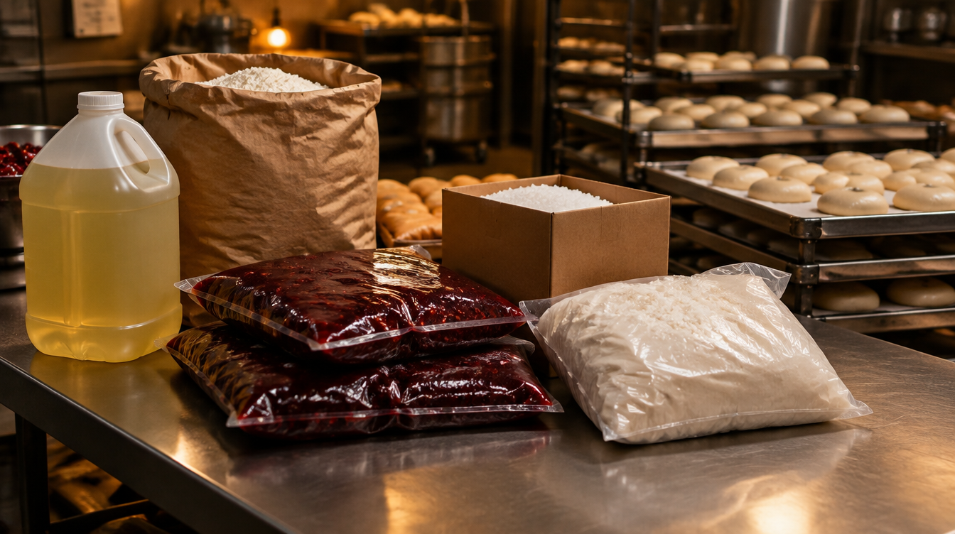 Wholesale Hanukkah supplies on a bakery prep table: frying oil, flour, fruit filling, kosher salt and potato starch