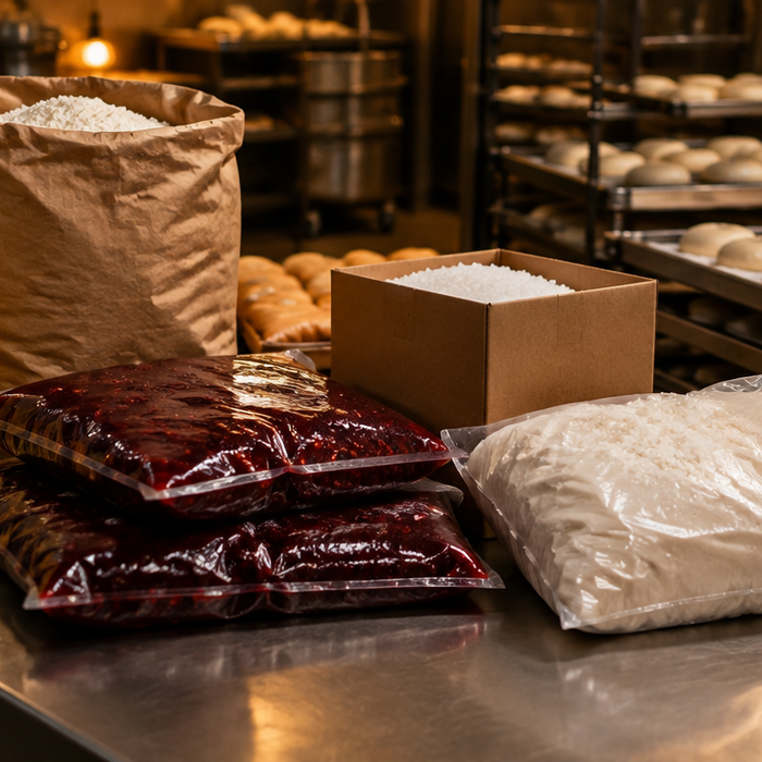 Wholesale Hanukkah supplies on a bakery prep table: frying oil, flour, fruit filling, kosher salt and potato starch