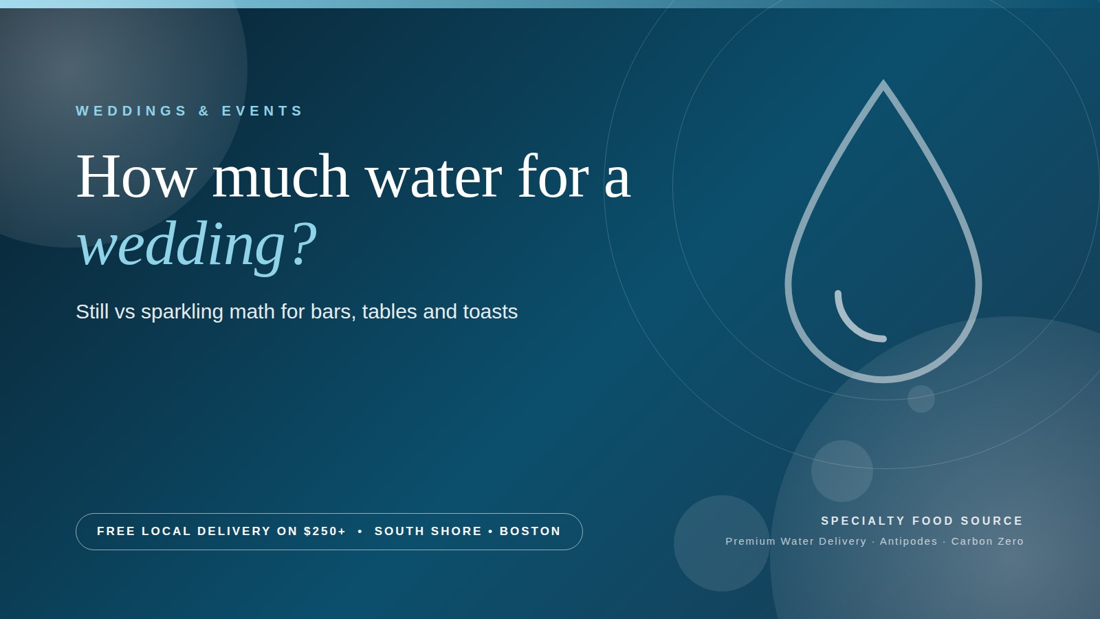 How much water for a wedding: still vs sparkling math for bars, tables and toasts, with free delivery to South Shore and Boston venues