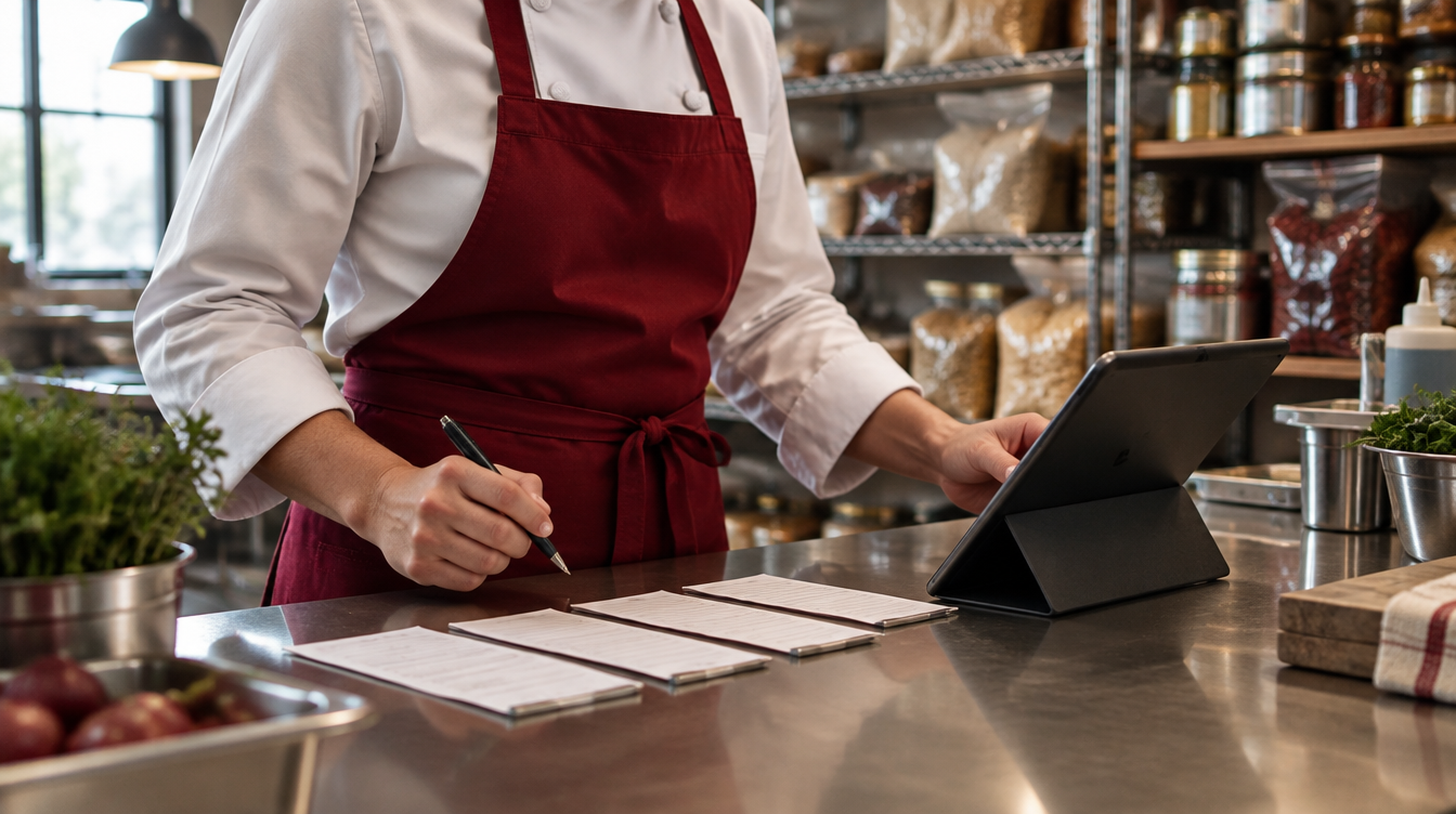 A chef in a white jacket and red apron reviews a tablet at a stainless steel pass in a specialty food warehouse kitchen