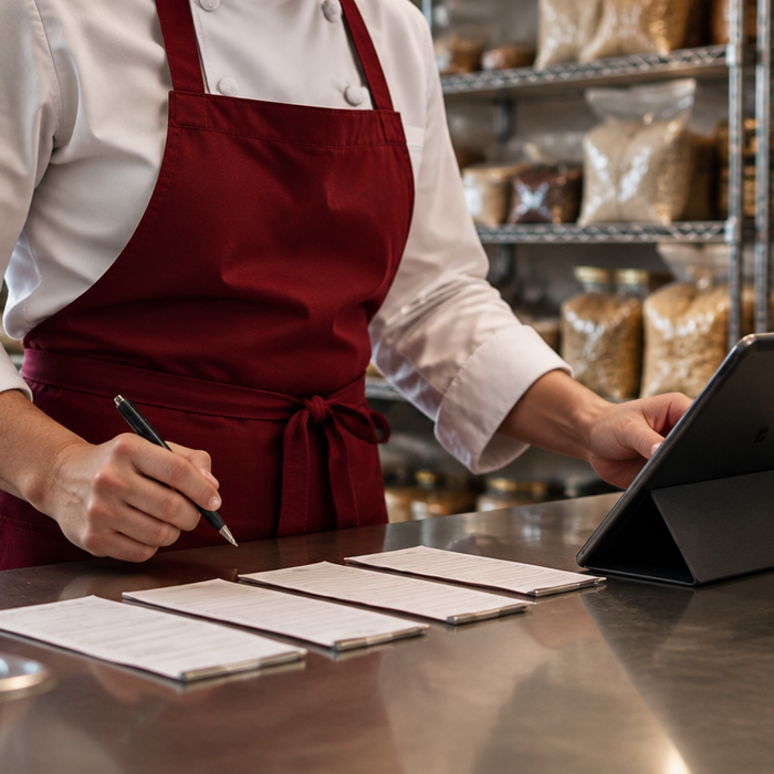 A chef in a white jacket and red apron reviews a tablet at a stainless steel pass in a specialty food warehouse kitchen