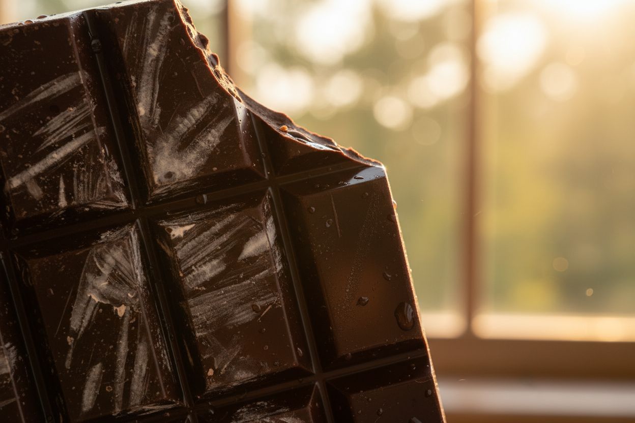 Melted and bloomed chocolate bar with summer sunlight, showing white bloom streaks alongside glossy re-tempered chocolate
