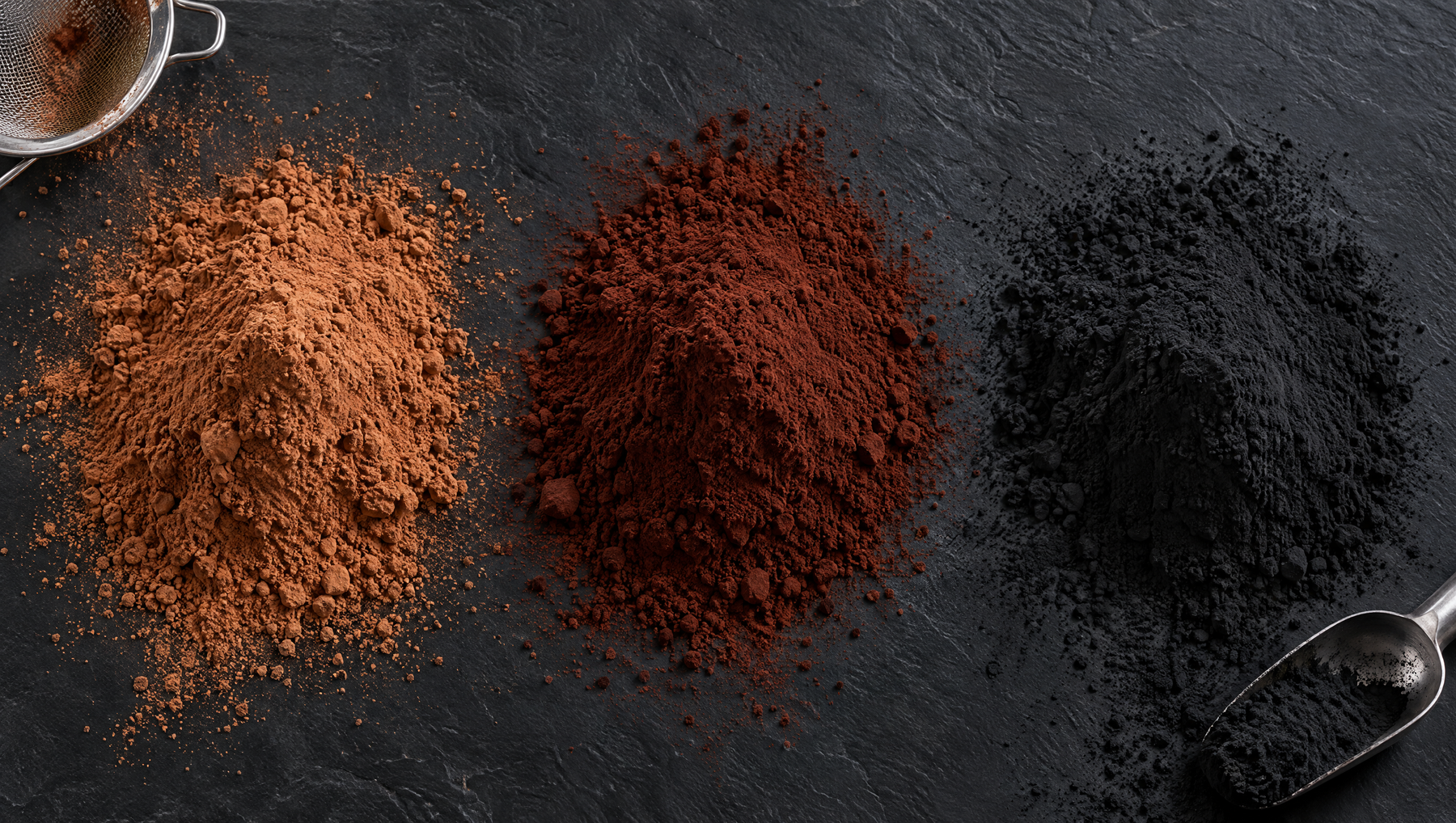 Natural, Dutch-processed and black cocoa powder side by side showing the color difference