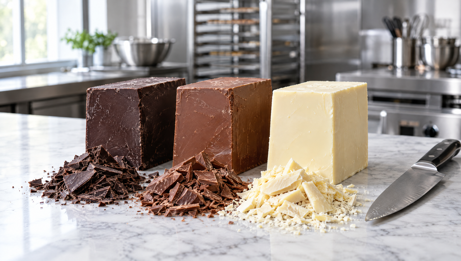 Dark, milk and white couverture chocolate blocks with chopped shards on a marble pastry bench