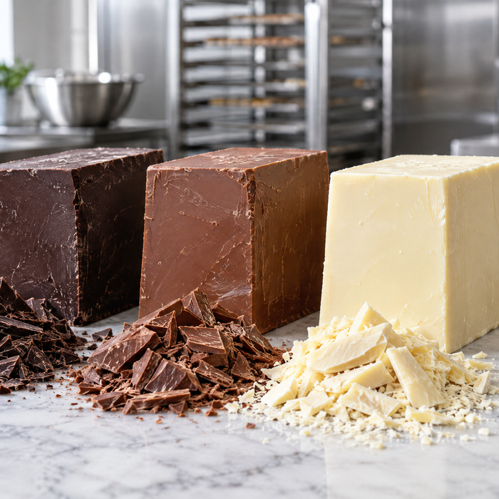 Dark, milk and white couverture chocolate blocks with chopped shards on a marble pastry bench