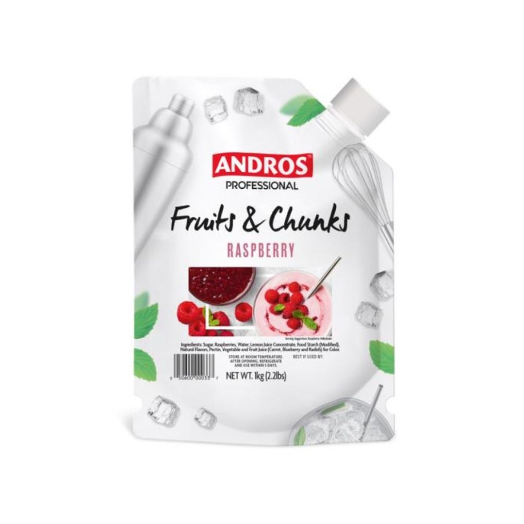 Andros Professional Raspberry Fruit & Chunks in a 2.2 lb pouch with real raspberry pieces and purée, perfect for modern plated desserts and pastries
