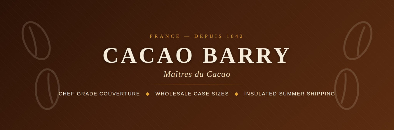 Cacao Barry — Maîtres du Cacao depuis 1842. French couverture in wholesale case sizes with insulated summer shipping.