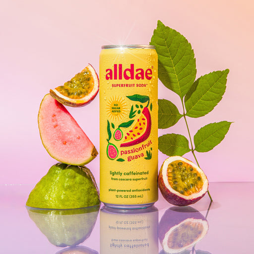 12-pack of AllDae Passionfruit Guava Superfruit Soda, a Whole30 Approved, lightly caffeinated sparkling beverage made from upcycled coffee fruit.