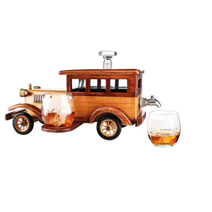 Old Fashioned Car Whiskey Decanter Set, Very Large 15" x 13" x 7" 750ml Decanter Spigot, and 2-10oz Whiskey Tumbler Old Fashion Glasses, Old Fashioned Vintage Car, Limited Edition, Great Bar Gift