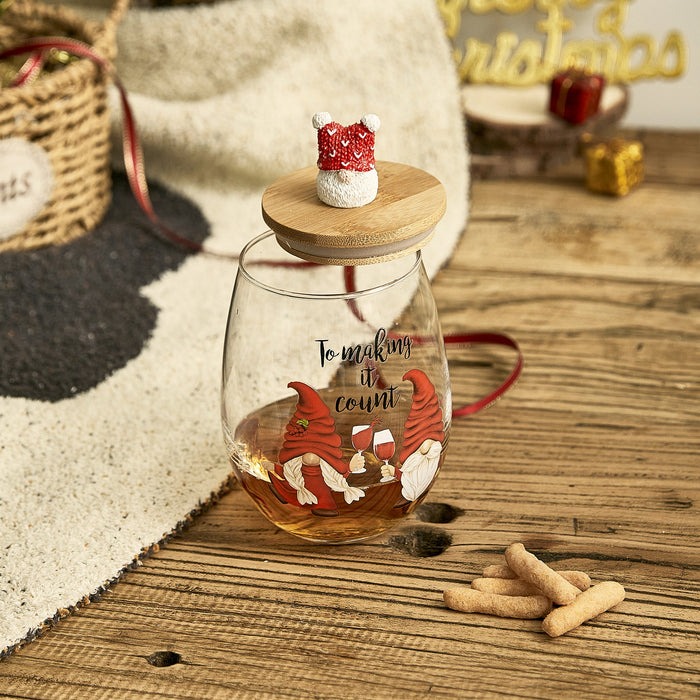 Christmas Gnome Wine & Water Glasses With Dwarf Wood Cover - Set of 2-17.5oz - Santa Holiday Festive Gnomes Stemless Clear Wine Glass For Red Or White Wine - Wines Glass for Women Friends Men Sister