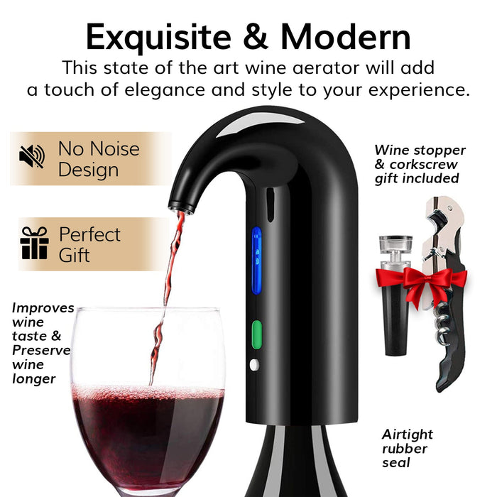 Electric Wine Aerator Dispenser - Portable Premium Wine Accessory for Red & White Wines, Touch Activated Aeration For Wine and Spirit - Beginner and Enthusiast - Spout Pourer - Wine Gifts