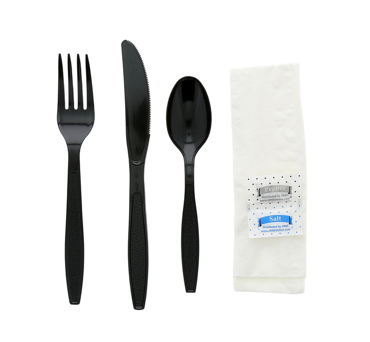 Cutlery Kit, PS, 6 Piece Black Heavy Weight (F,K,S,Nap,S&P), 250 Kits