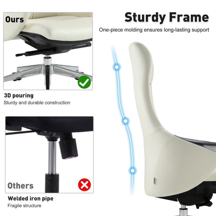 High Back Executive Chair, Ergonomic Leather Office Chair with Adjustable Height and Tilt Function and 360° Swivel Office Chair,White