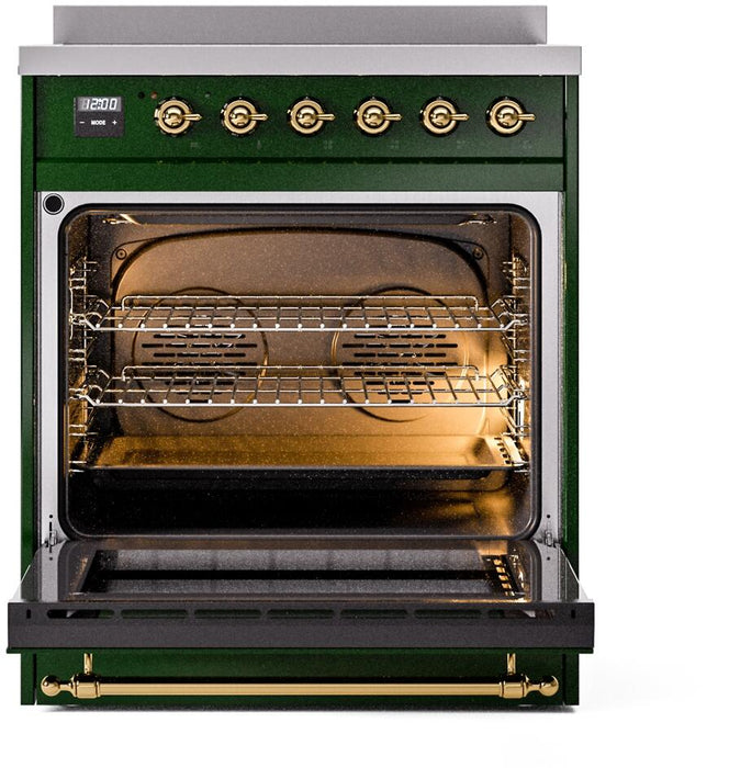 ILVE Nostalgie II 30" Electric Range, Emerald Green, Brass Trim UPI304NMPEGG