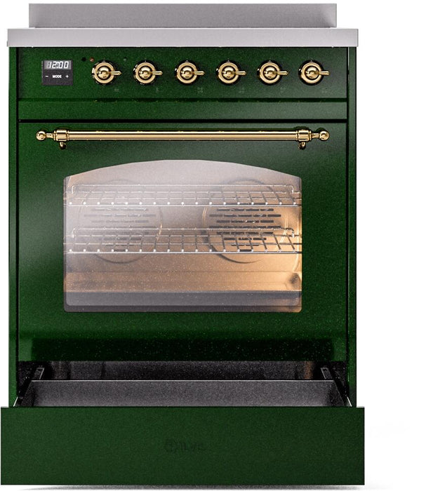 ILVE Nostalgie II 30" Electric Range, Emerald Green, Brass Trim UPI304NMPEGG