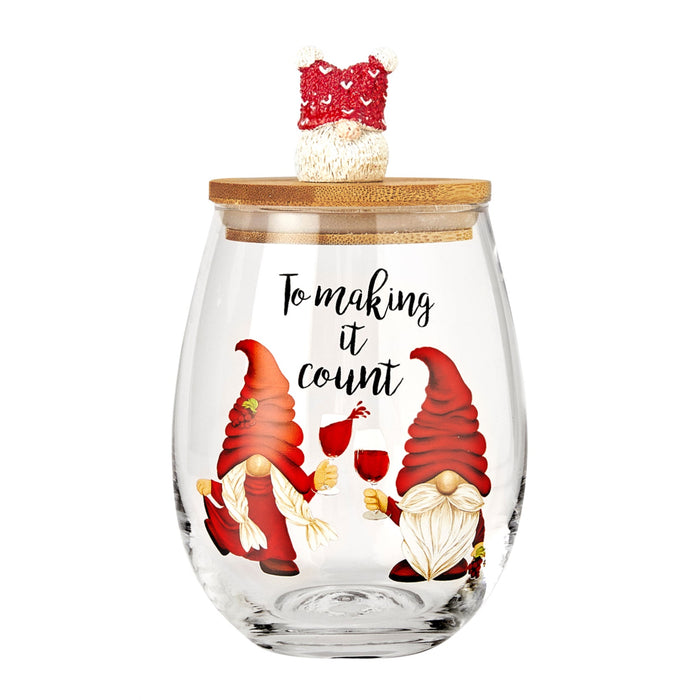 Christmas Gnome Wine & Water Glasses With Dwarf Wood Cover - Set of 2-17.5oz - Santa Holiday Festive Gnomes Stemless Clear Wine Glass For Red Or White Wine - Wines Glass for Women Friends Men Sister