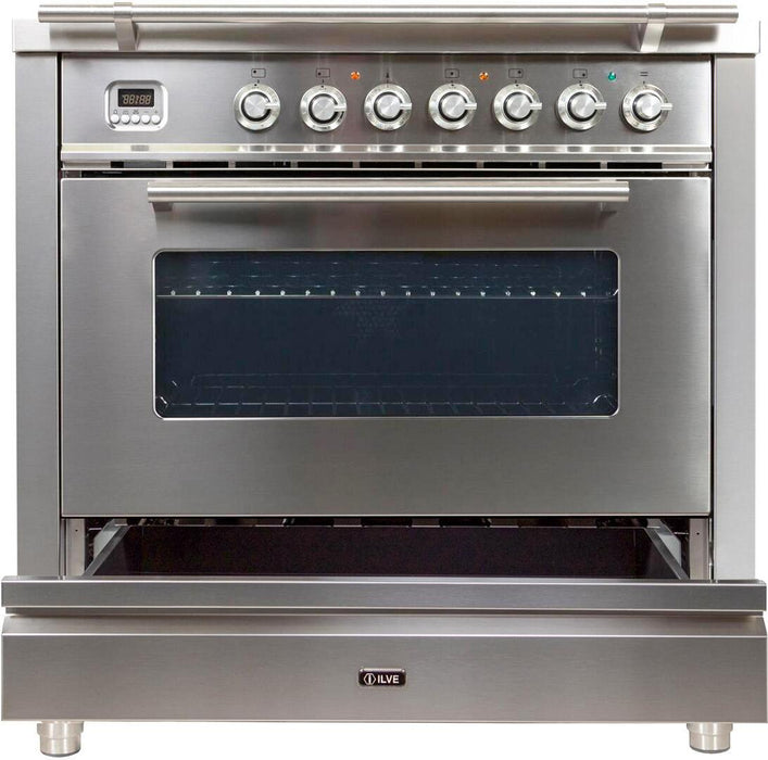 ILVE Professional Plus 36" Dual Fuel Liquid Propane Freestanding Range, Stainless Steel, Chrome Trim UPW90FDMPILP